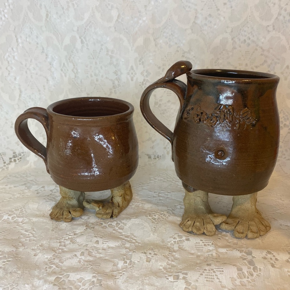 Vintage Clay Pottery Ceramic Coffee Mug Cup with Feet Footed MOM & DAD